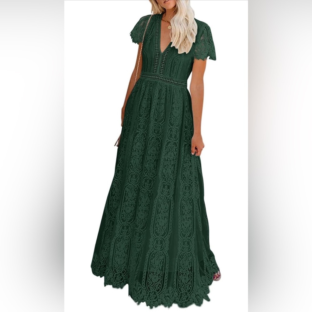 NWT MEROKEETY V Neck Short Sleeve Lace Maxi Dress, Dark Green, XXL (20-22)